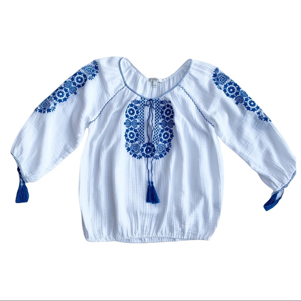 J. Crew White & Blue 3/4 Length Sleeve Top Small